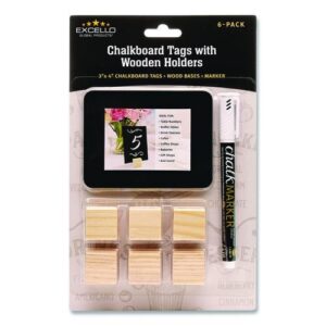 Tabletop Chalkboard Tag, Black Surface, Teak Wood Holder, 3 x 4, 6/Pack