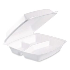 Foam Hinged Lid Containers, 3 Compartments, 9.5 x 10.26 x 3.4, White, 200/Carton