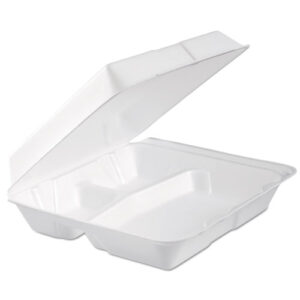 Foam Hinged Lid Container, 3 Compartments, 9.3 x 9.5 x 3, White, 100/Bag, 2...