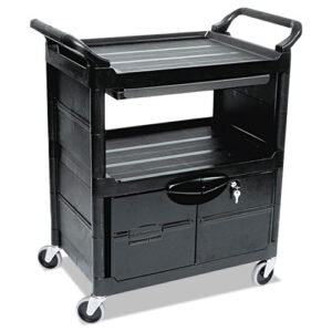 Utility Cart with Locking Doors, Plastic, 3 Shelves, 200 lb Capacity, 33.63" x...