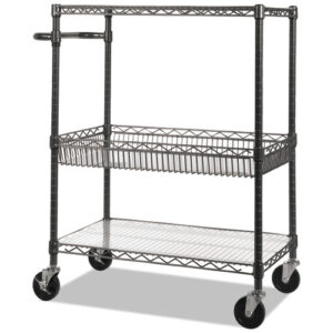 Three-Tier Wire Cart with Basket, Metal, 2 Shelves, 1 Bin, 500 lb Capacity, 34" x...