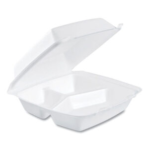 Foam Hinged Lid Containers, 3 Compartments, 8.38 x...