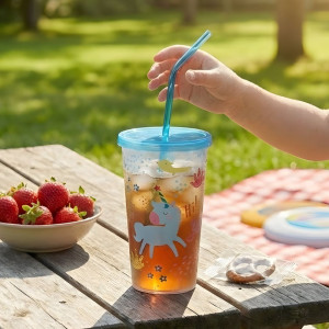 Plastic Glass 650ml Drink Holder with Attached Straw Ring